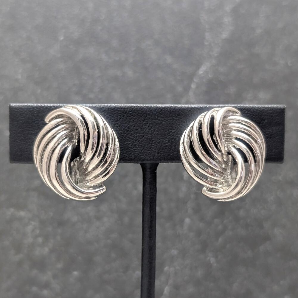 Vintage Clip On Earrings 7/8" Stylish Glam Silver Tone Statement Earrings